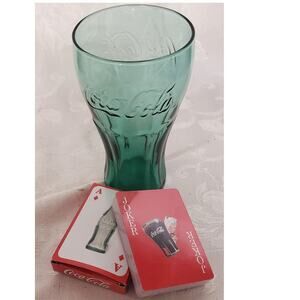 Vintage Coca-Cola Green Glass 6" Tall  and Deck of Playing Cards NIB